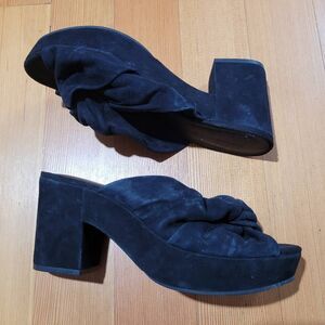 Rebecca Minkoff jaden suede block heel slides peep toe neutral minimalist goth r